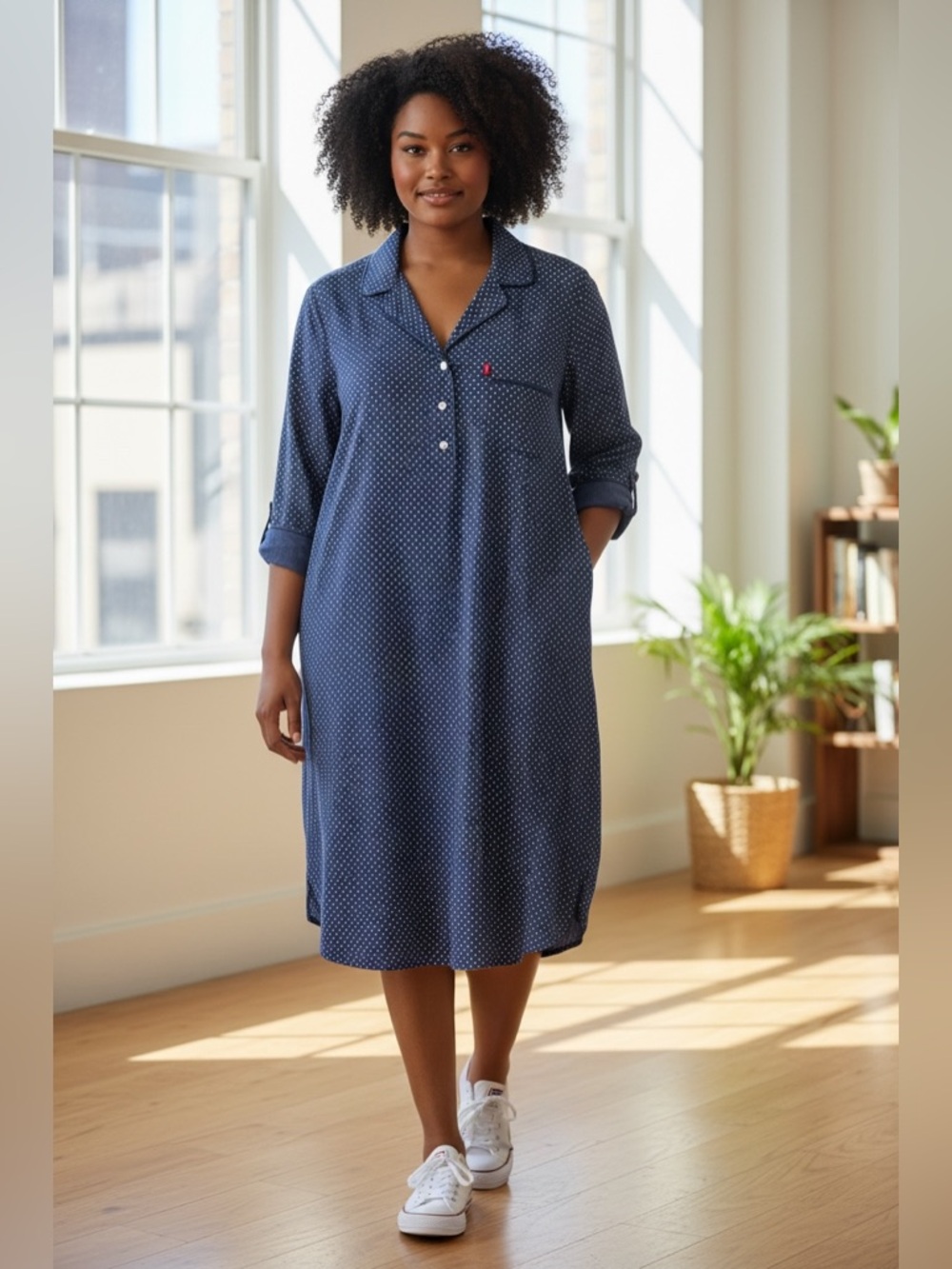 Levi's Navy Blue Polka Dot Long-Sleeve Shirt Dress